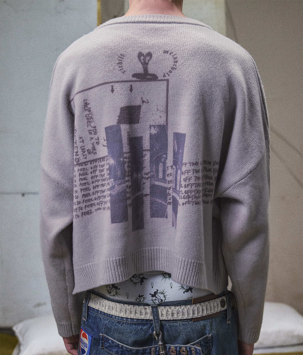 Graphic Print Cropped Crewneck Wool Sweater
