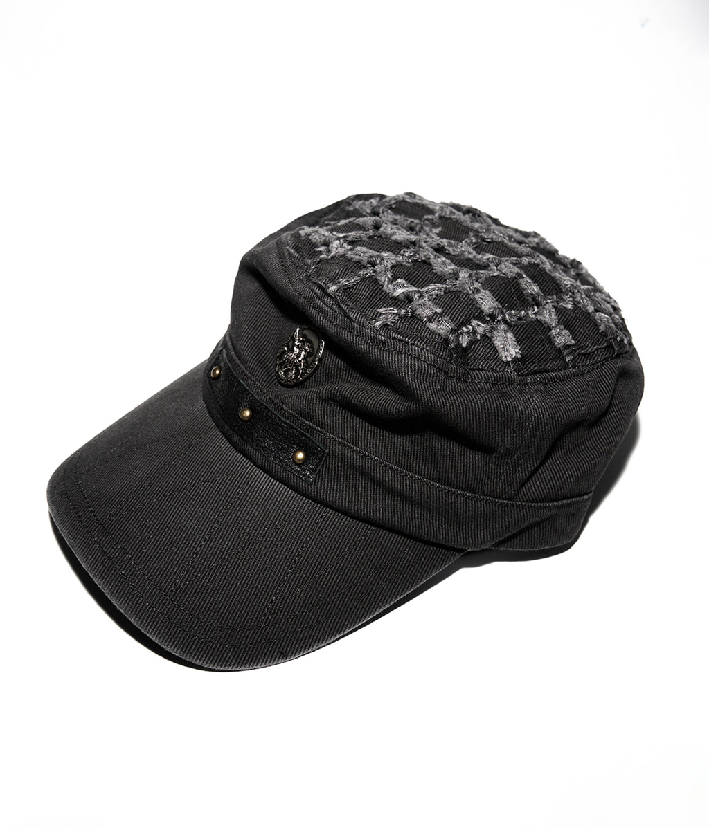 Black military cap with patterned visor on a white background