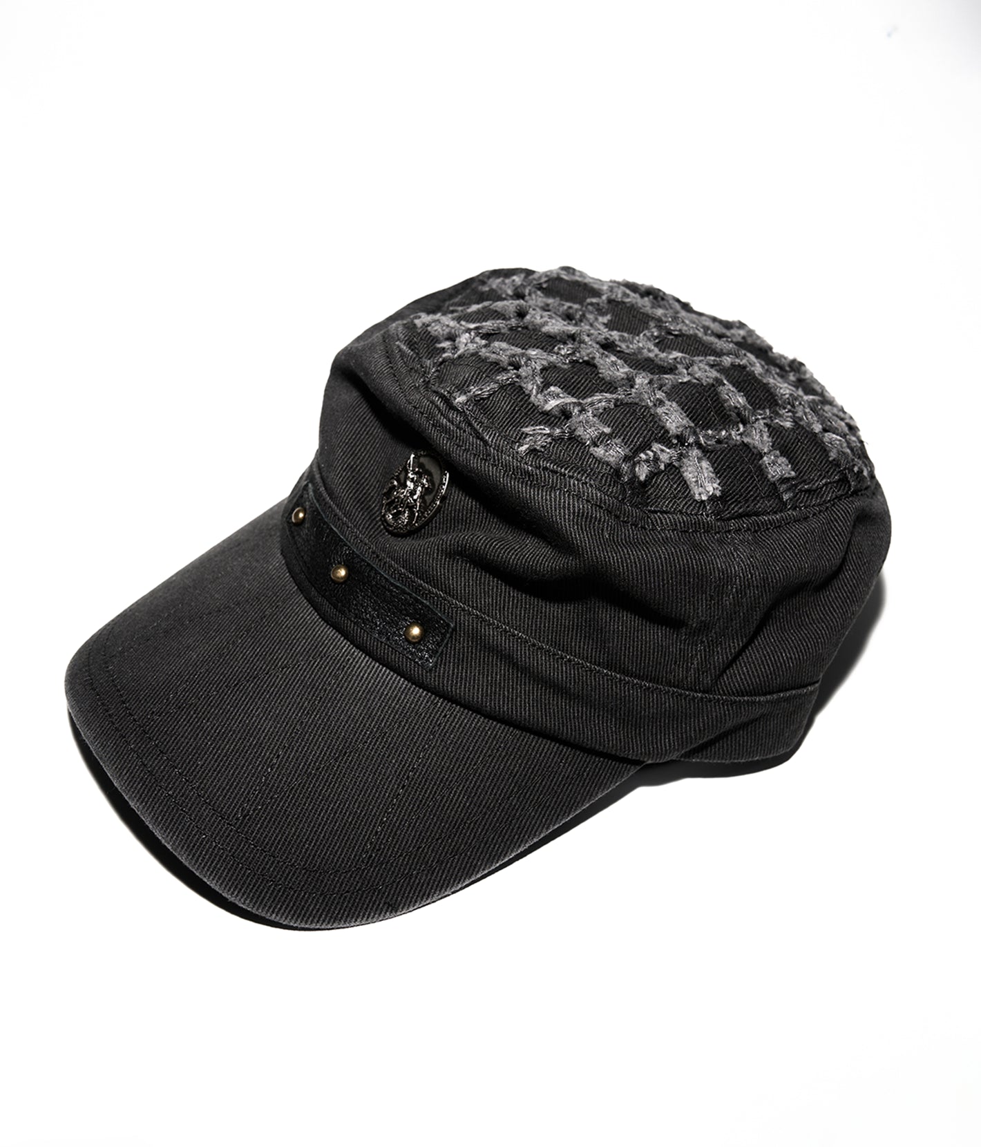 Black military cap with patterned visor on a white background