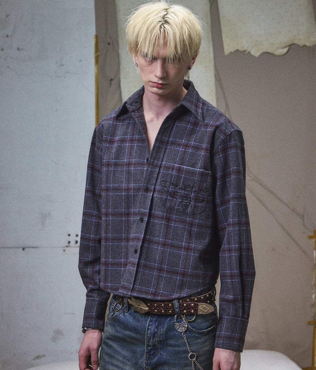 Embroidered Plaid Cropped Shirt