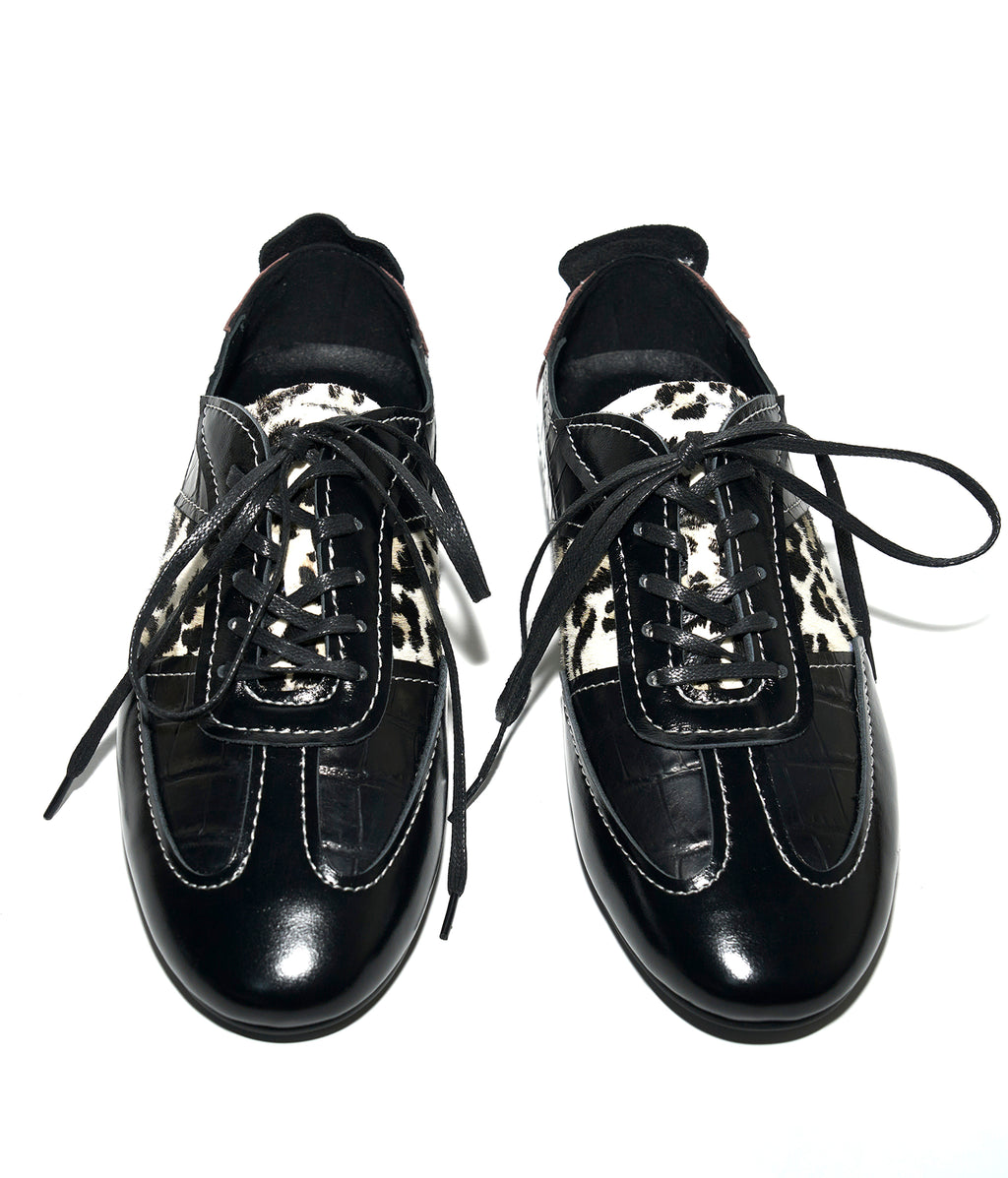 Leopard-Panel Leather German Trainer Sneakers-BLK