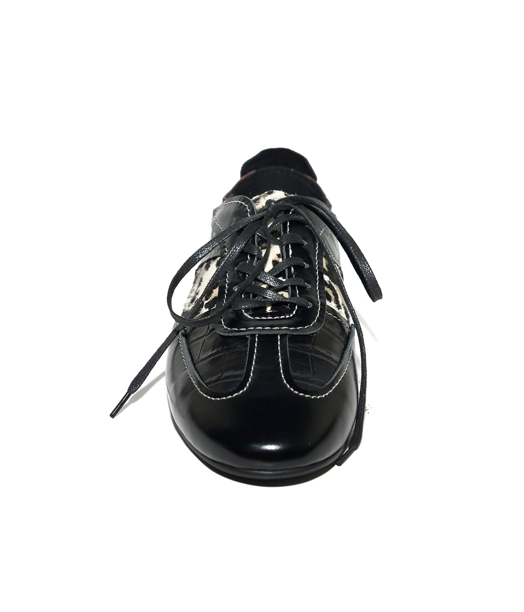 Leopard-Panel Leather German Trainer Sneakers-BLK