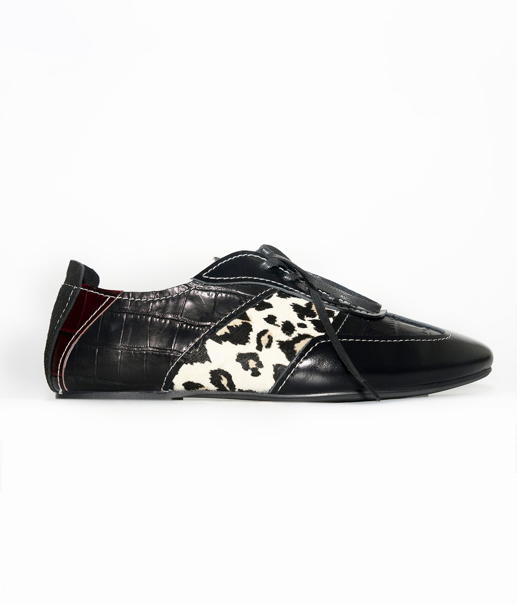 Leopard-Panel Leather German Trainer Sneakers-BLK