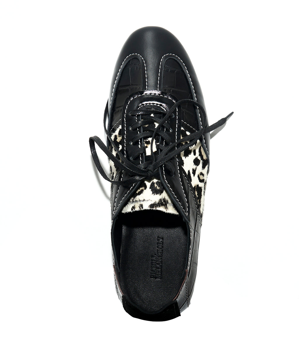 Leopard-Panel Leather German Trainer Sneakers-BLK