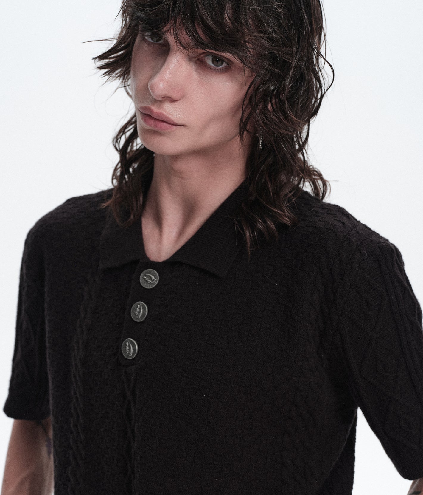 Prosthetic Hand Button Jacquard Knit Polo Shirt
