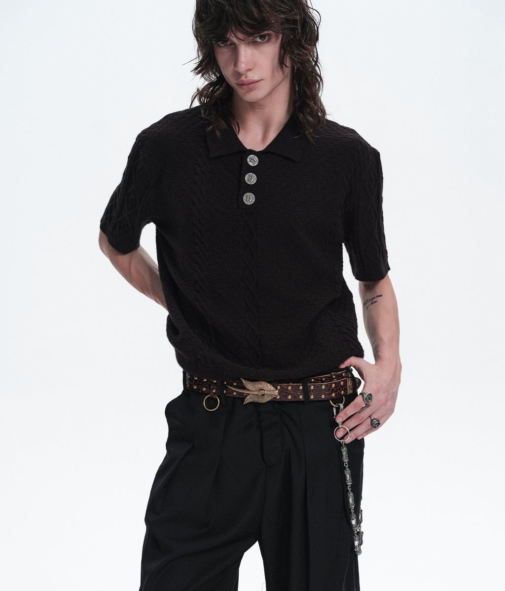 Prosthetic Hand Button Jacquard Knit Polo Shirt