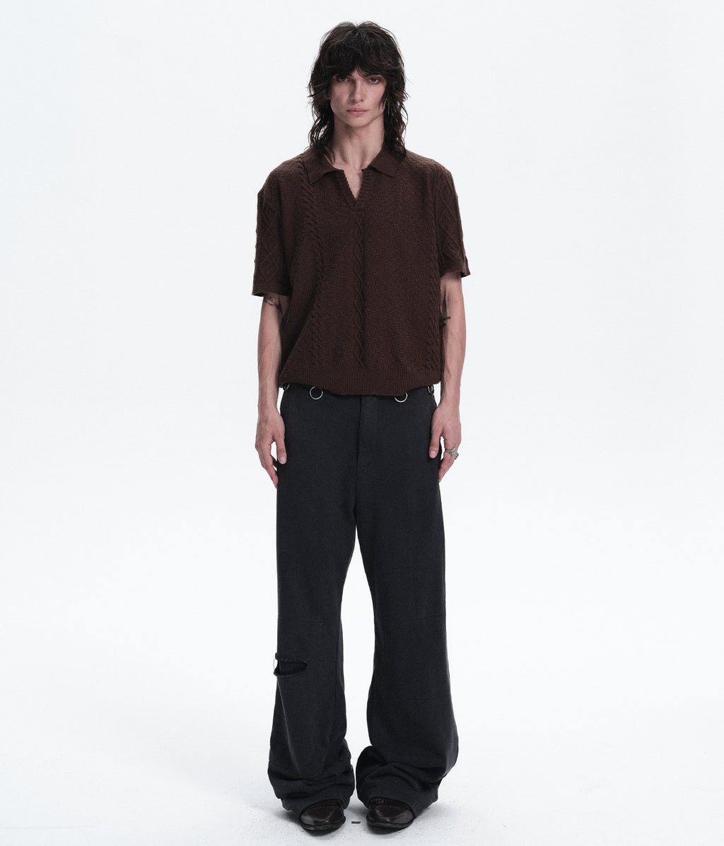 Textured Jacquard V-Neck Knit Polo Shirt