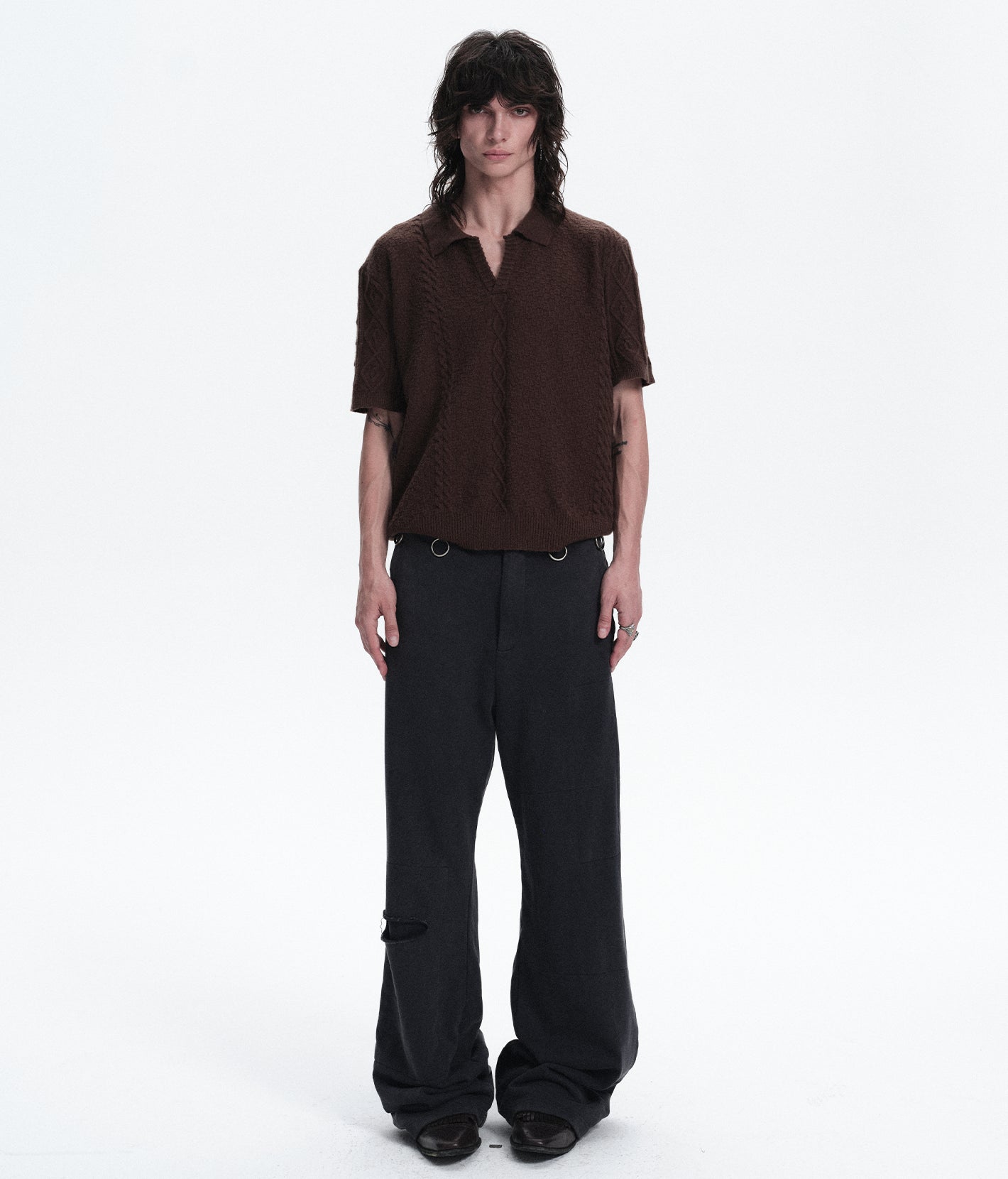 Textured Jacquard V-Neck Knit Polo Shirt
