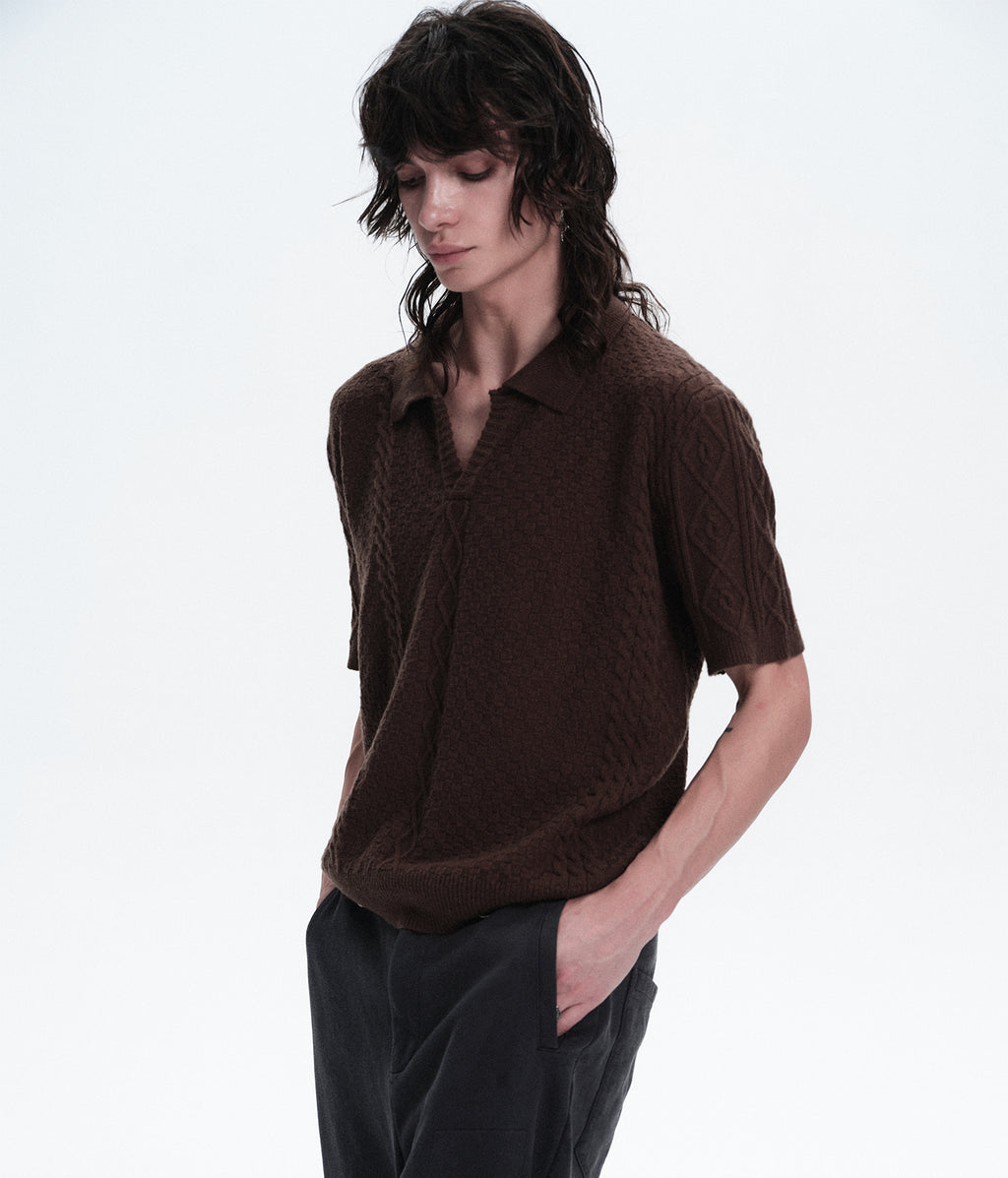 Textured Jacquard V-Neck Knit Polo Shirt