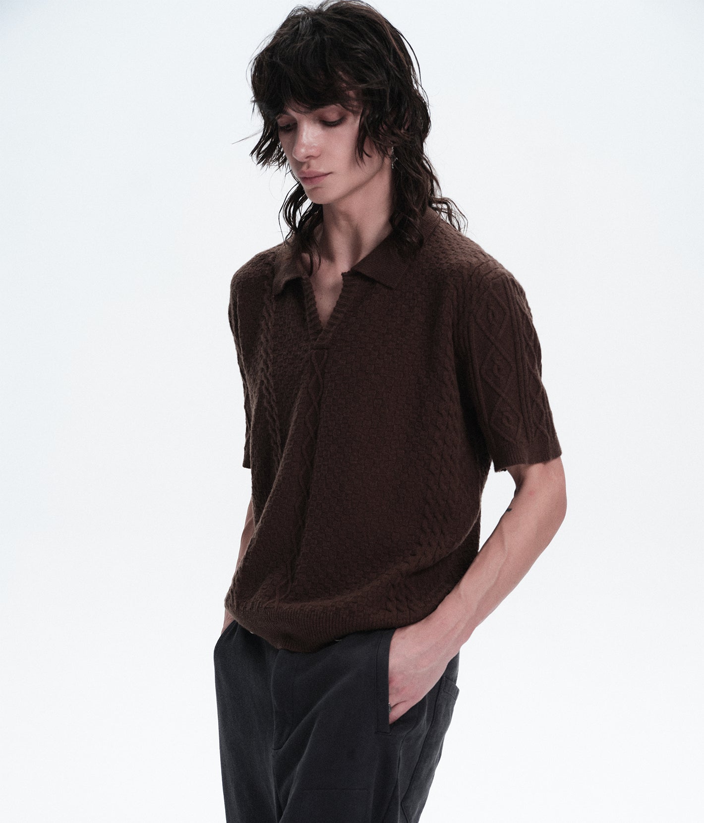 Textured Jacquard V-Neck Knit Polo Shirt