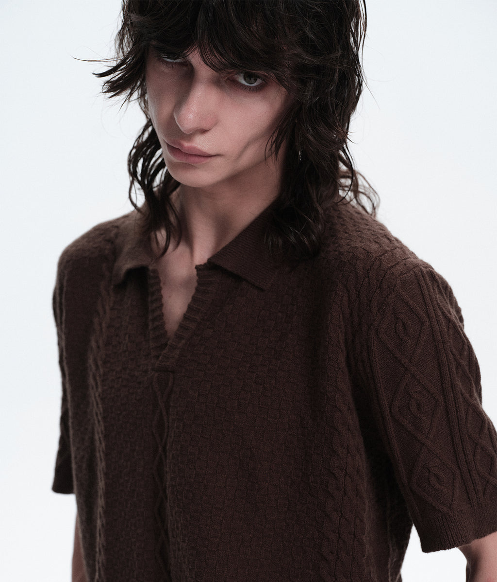 Textured Jacquard V-Neck Knit Polo Shirt