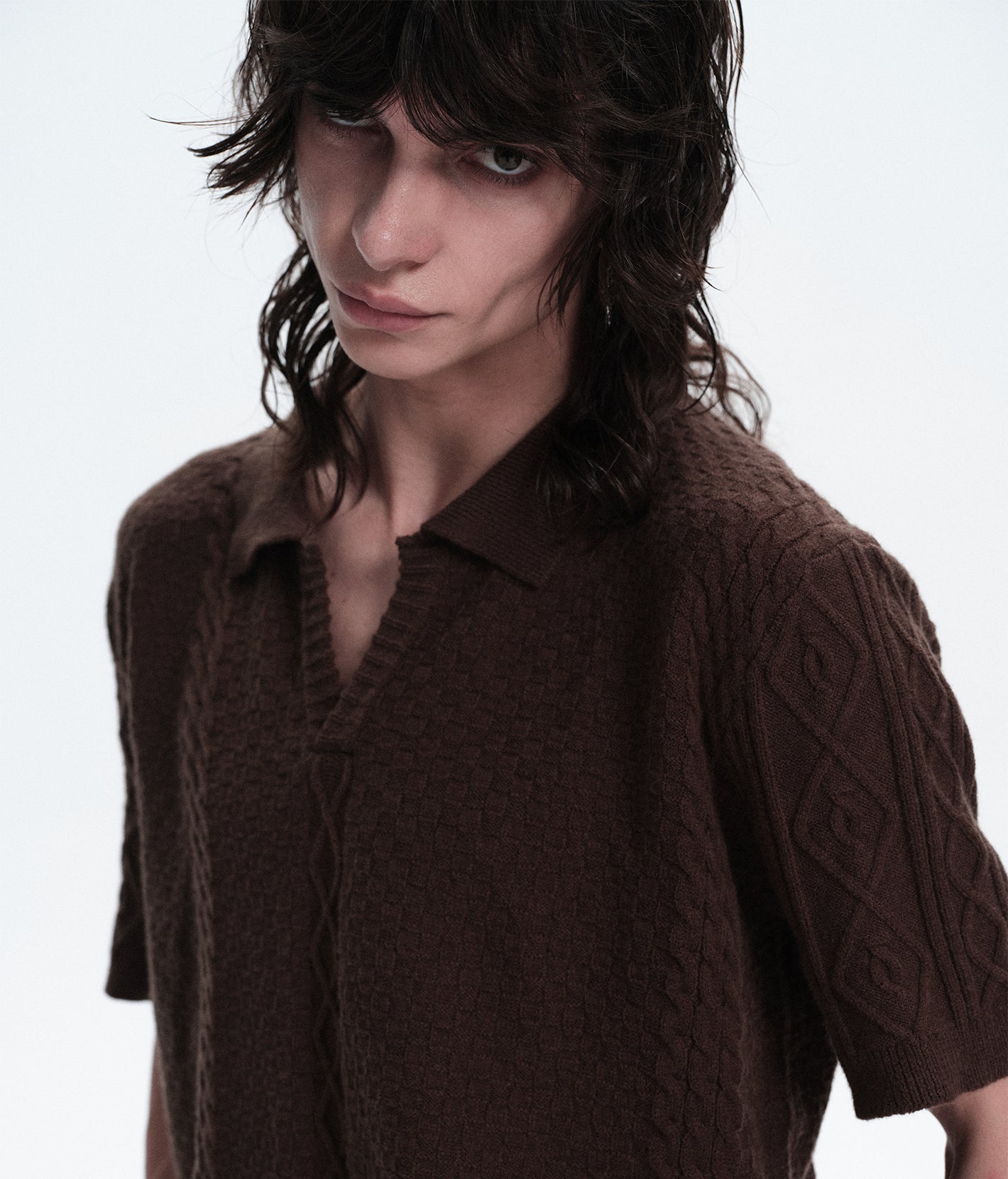 Textured Jacquard V-Neck Knit Polo Shirt