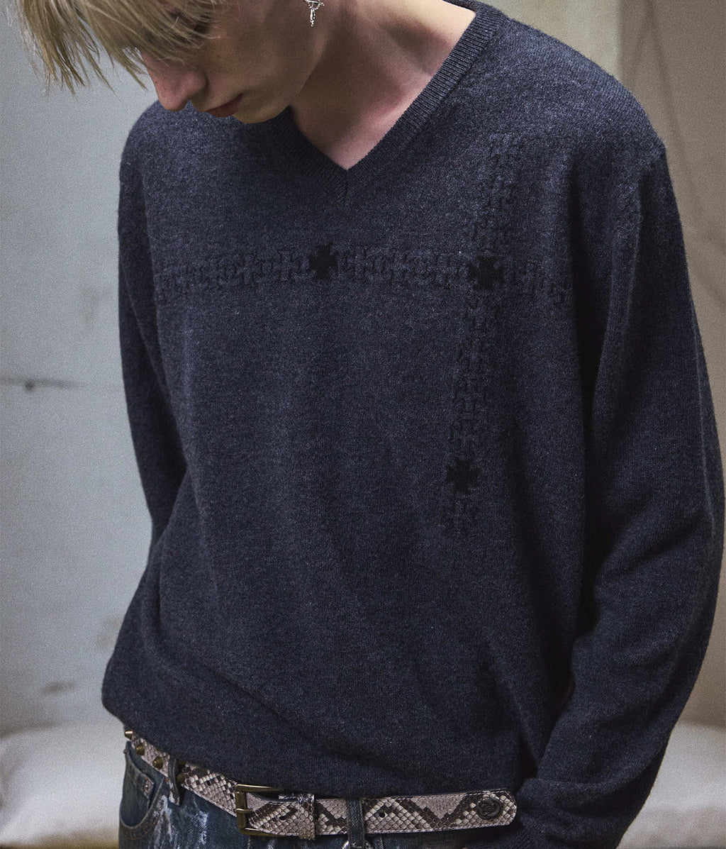 Wool Cross Jacquard V-Neck Sweater