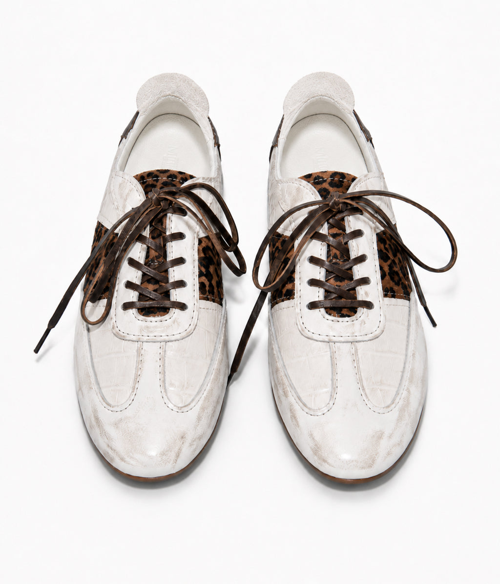 Leopard-Panel Leather German Trainer Sneakers-WHT