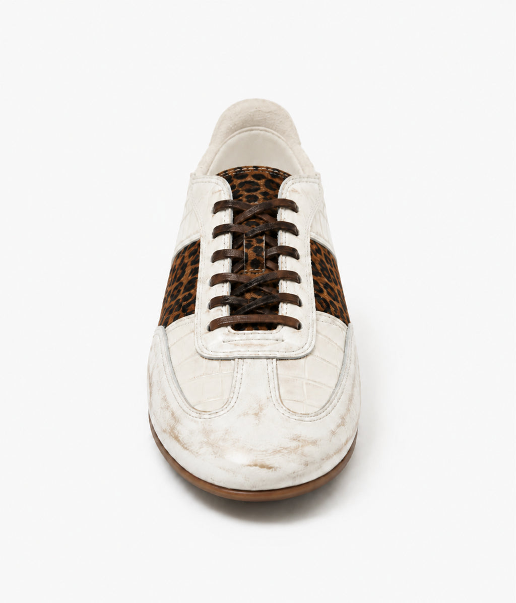 Leopard-Panel Leather German Trainer Sneakers-WHT
