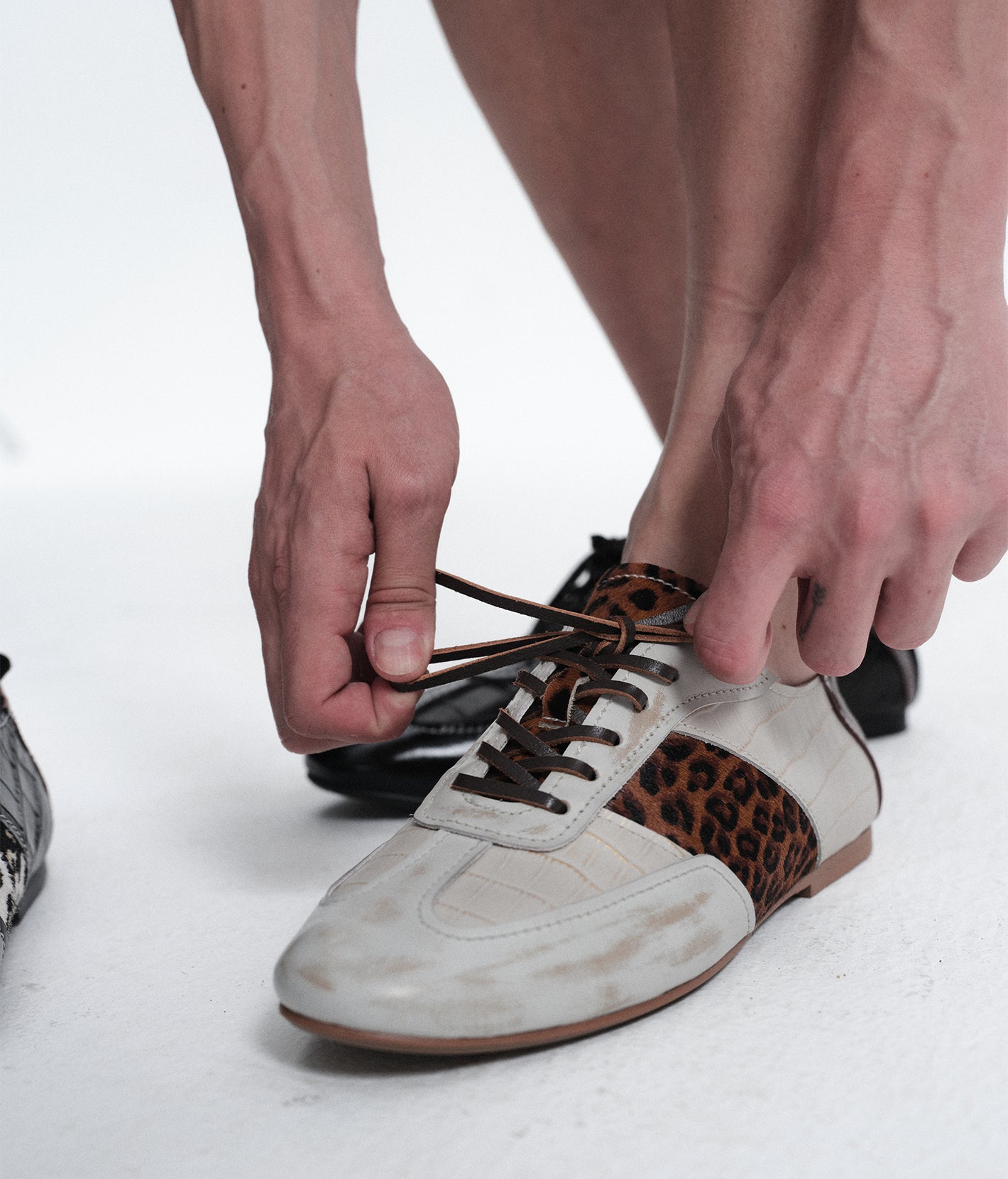Leopard-Panel Leather German Trainer Sneakers-WHT