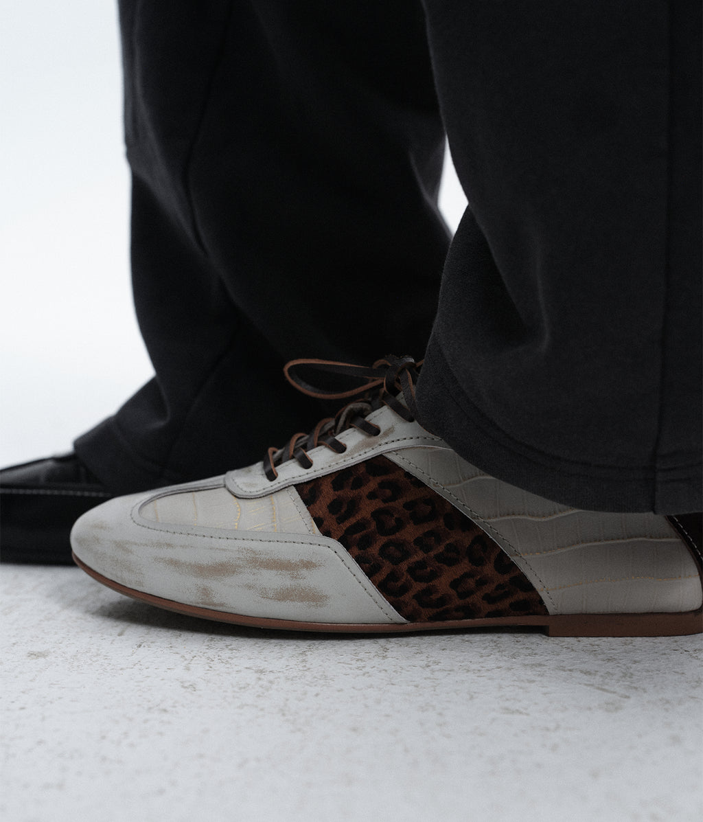 Leopard-Panel Leather German Trainer Sneakers-WHT