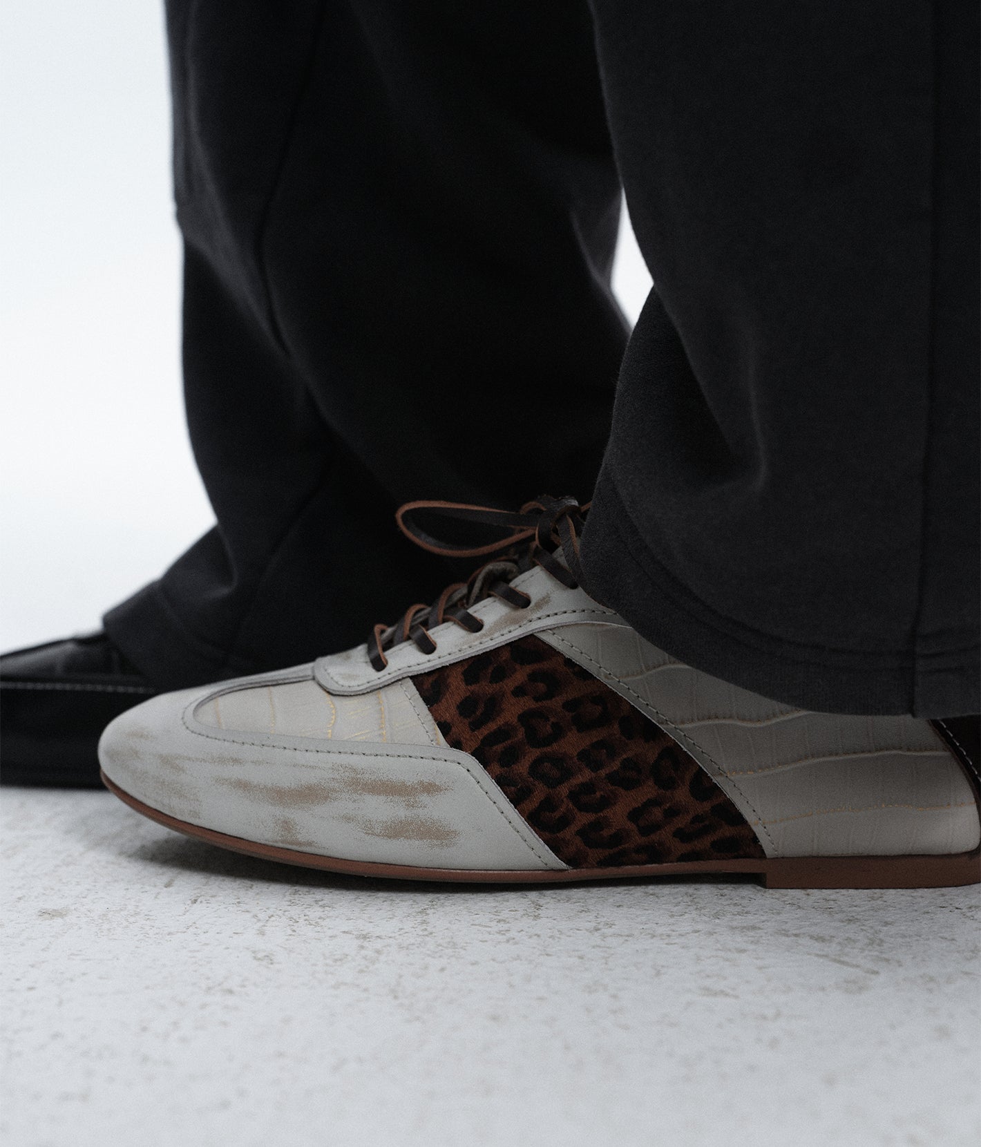 Leopard-Panel Leather German Trainer Sneakers-WHT