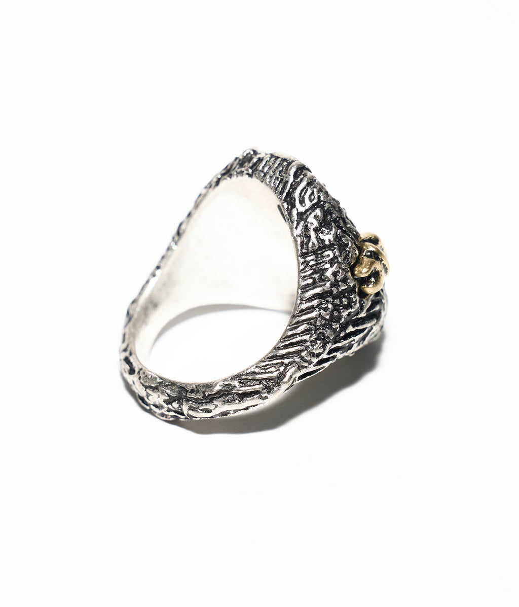 Silver ring with intricate design on a white background